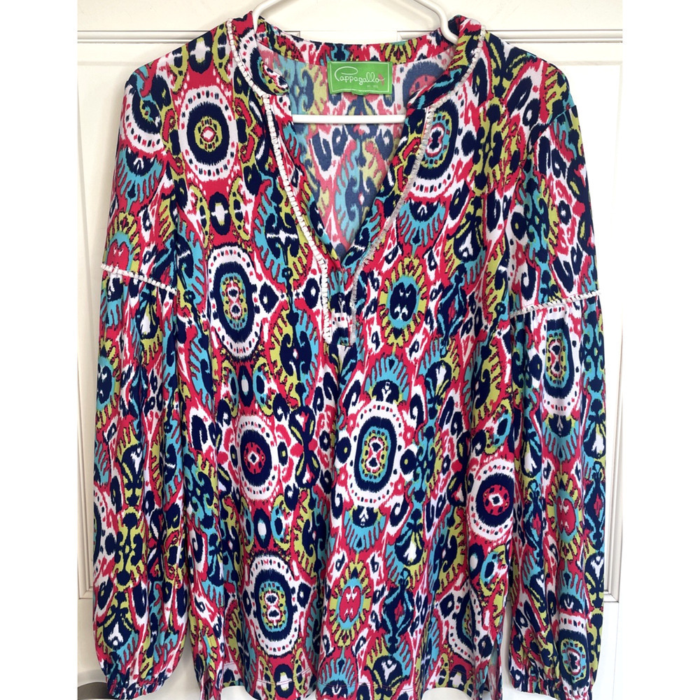 Pappagallo Women's Tropical Blouse Top Size L Stretch Boho Beach Aztec